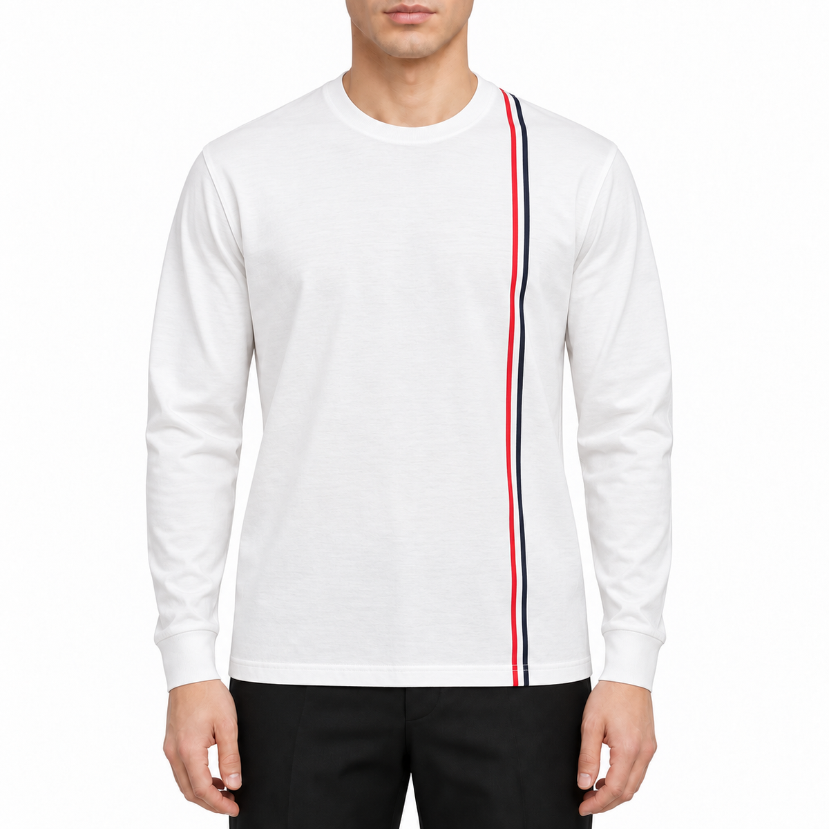 Men's Long-Sleeve T-Shirt by Thom Browne, modeled on a pure white background