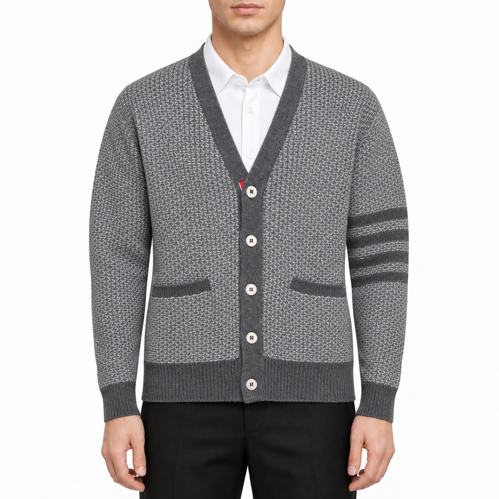 Men's Sweater Jacket by Thom Browne, modeled on a pure white background