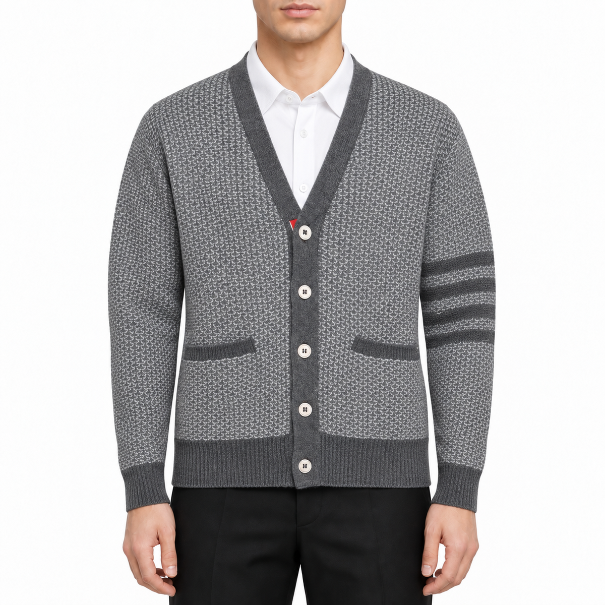 Men's Sweater Jacket by Thom Browne, modeled on a pure white background