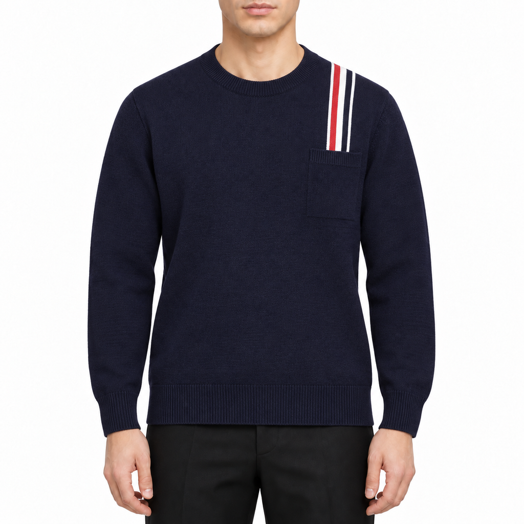 Four-Bar Wool Pullover Sweater by Thom Browne, modeled on a pure white background