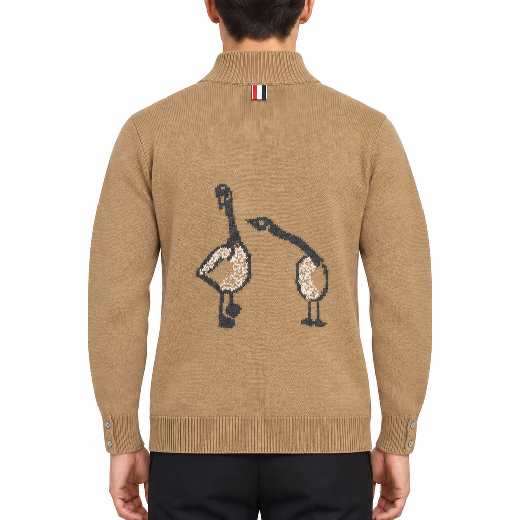 Men's Sweaters by Thom Browne, modeled on a pure white background