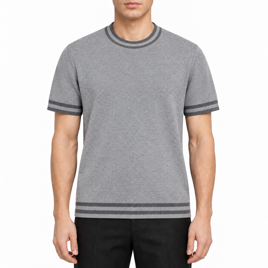 Premium Knitted T-Shirt - Men's 100% Cotton Oxford Shirt by Thom Browne, modeled on a pure white background