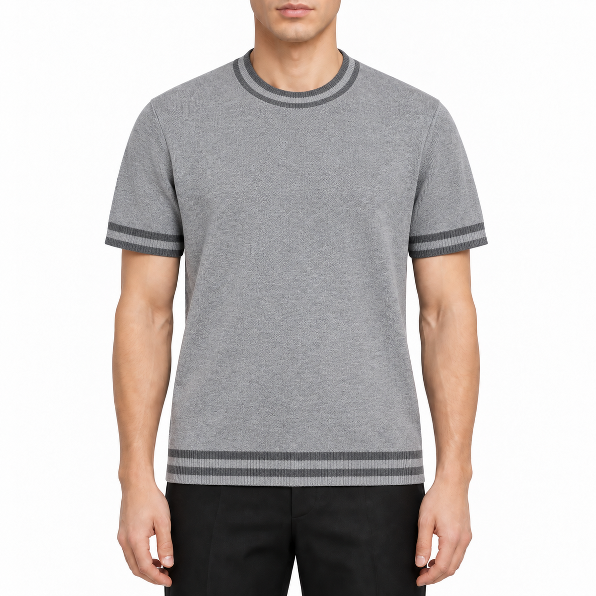 Premium Knitted T-Shirt - Men's 100% Cotton Oxford Shirt by Thom Browne, modeled on a pure white background