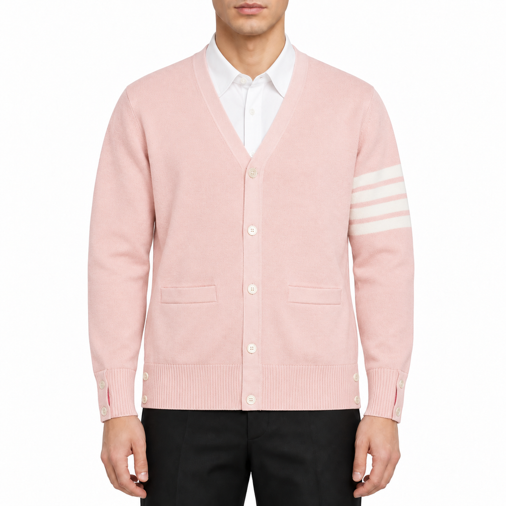 Men's Sweaters by Thom Browne, modeled on a pure white background