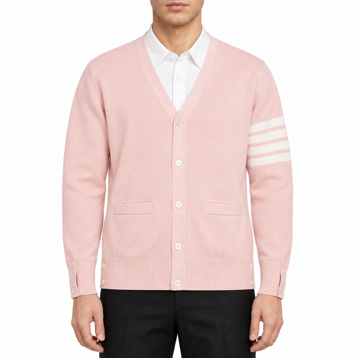 Men's Sweaters by Thom Browne, modeled on a pure white background