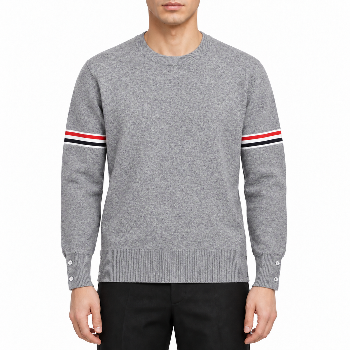 Men's Sweaters by Thom Browne, modeled on a pure white background