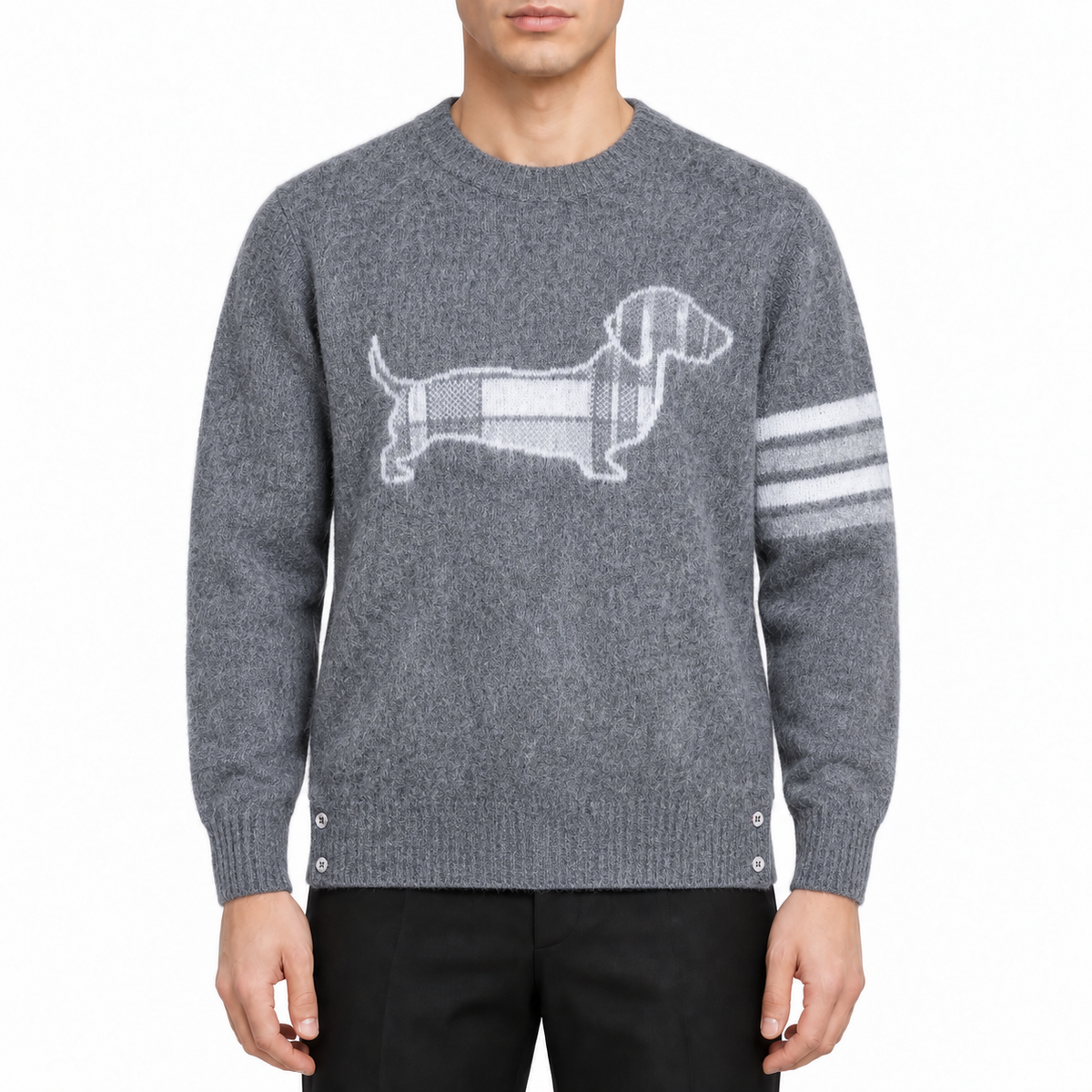 Men's wool sweater by Thom Browne, modeled on a pure white background