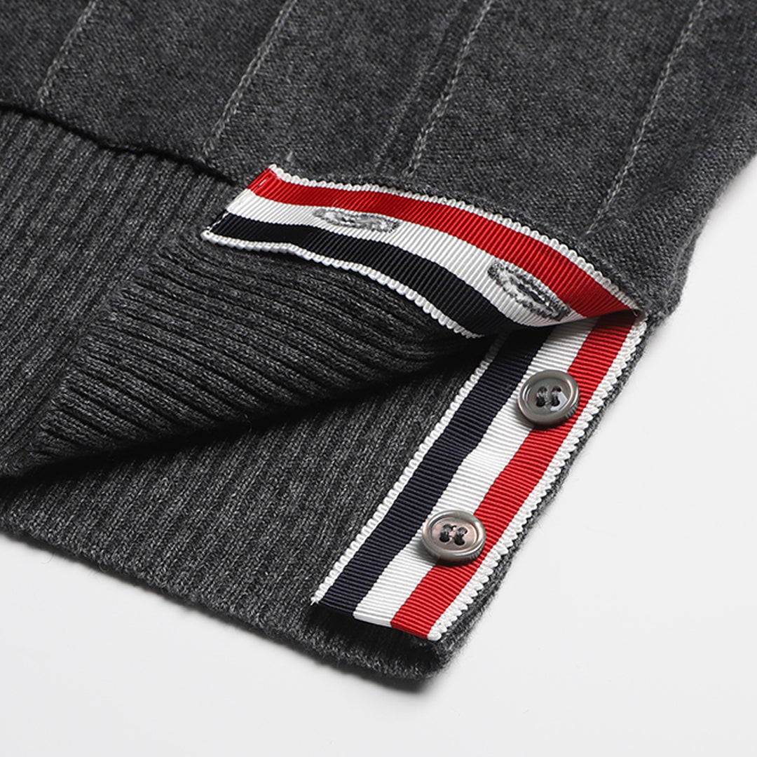 Men's sweater coat by Thom Browne, knitwear detail view