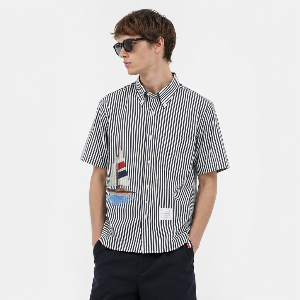 Striped Sailboat Embroidered Shirt — Unisex Short-Sleeve by Thom Browne, shirt detail view