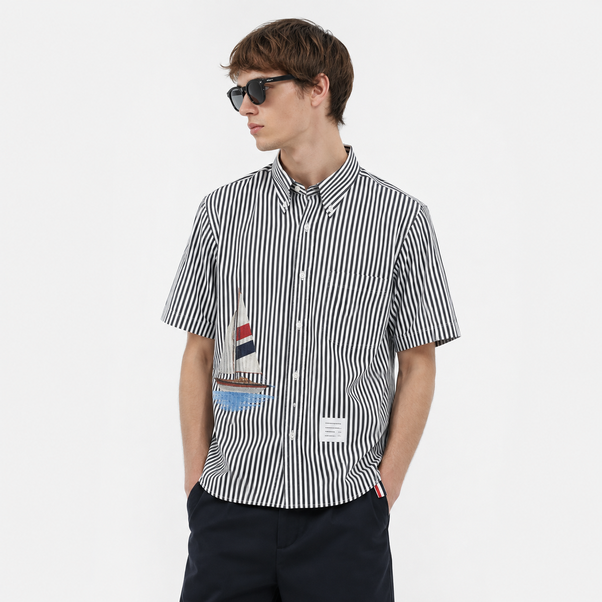 Striped Sailboat Embroidered Shirt — Unisex Short-Sleeve by Thom Browne, shirt detail view
