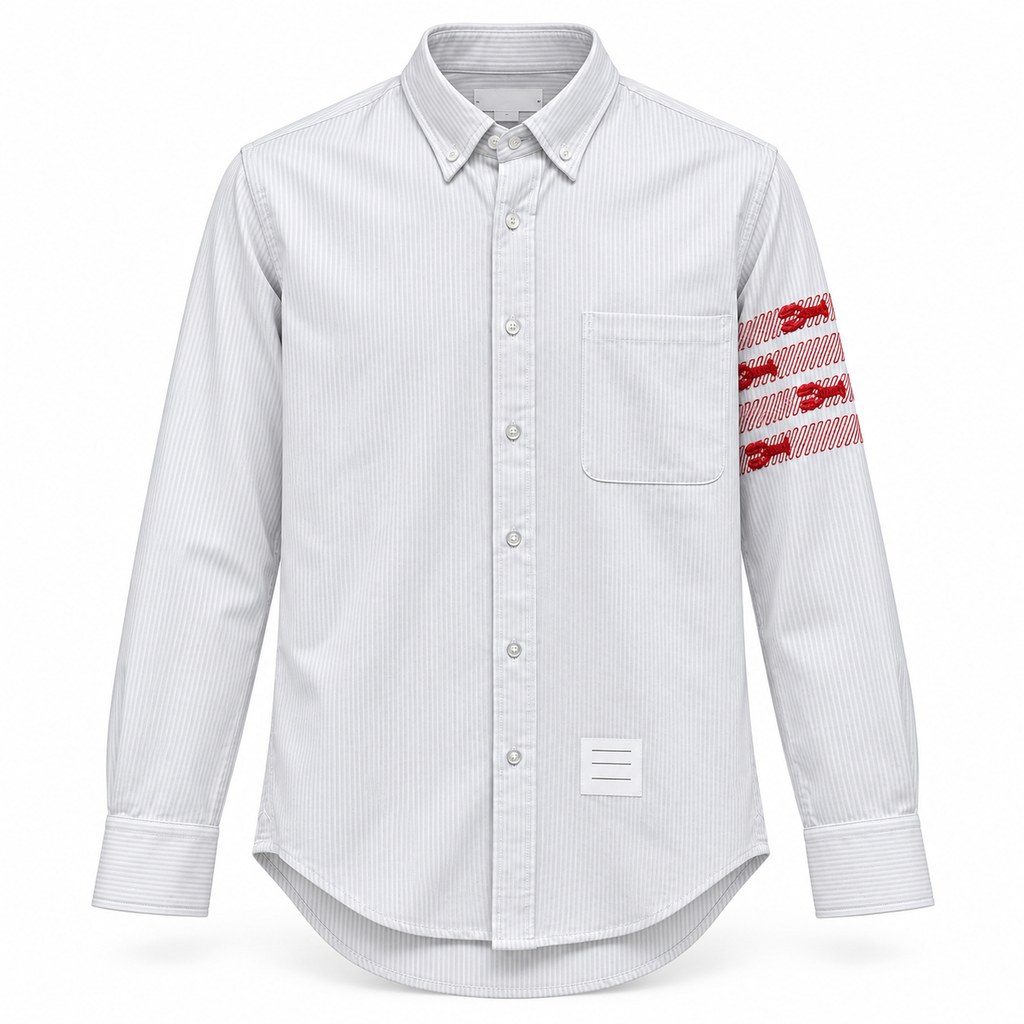 Thom Browne Men's Fine-Stripe Shirt with Lobster Four-Bar Embroidery