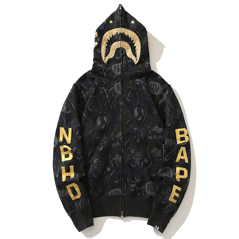 BAPE Black & Gold Camo Shark Hoodie product view 2