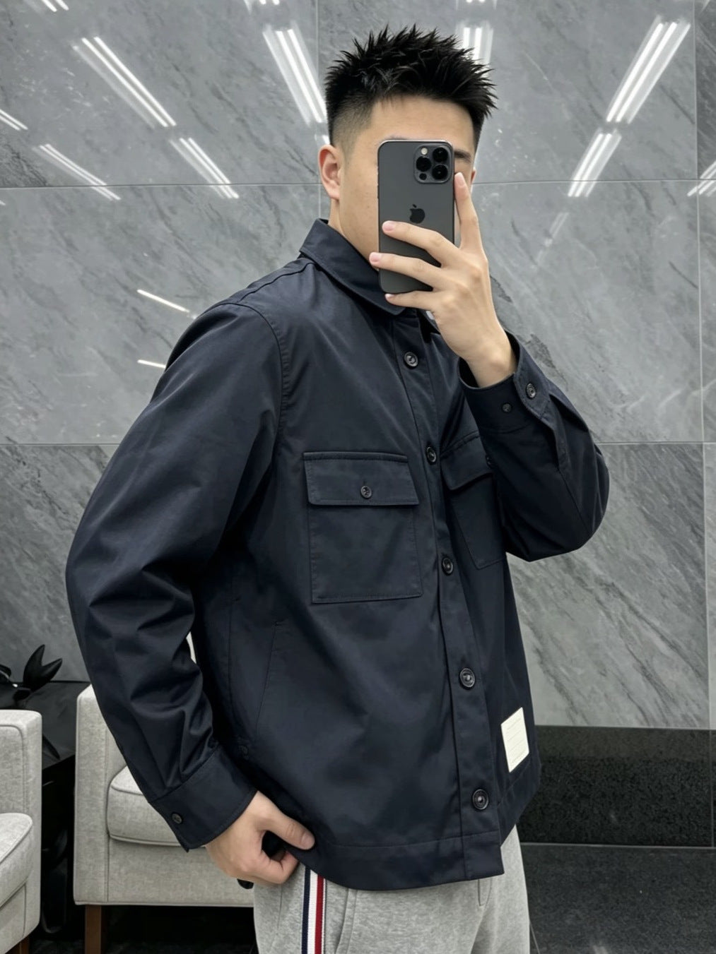 Thom Browne Men's Navy Button-Front Shirt Jacket