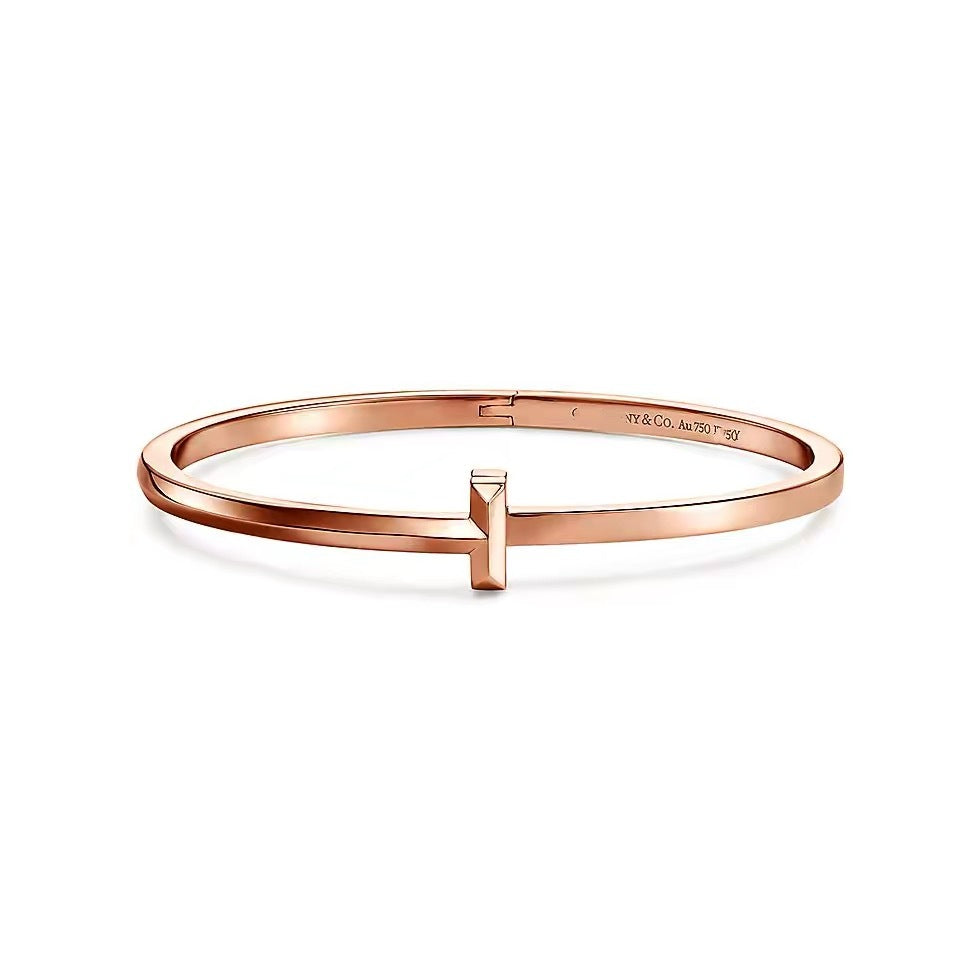 Tiffany Style T Motif Cubic Zirconia 18K Gold-Plated Bangle - T1 Narrow Rose Gold Tone