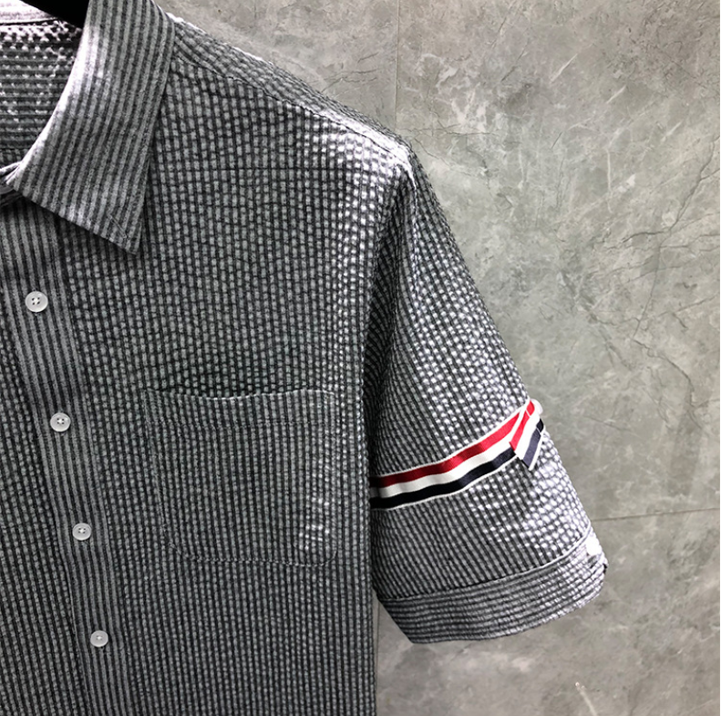 Men's Seersucker Oxford Shirt - Premium Cotton Button Front Dress Shirt by Thom Browne, shirt detail view