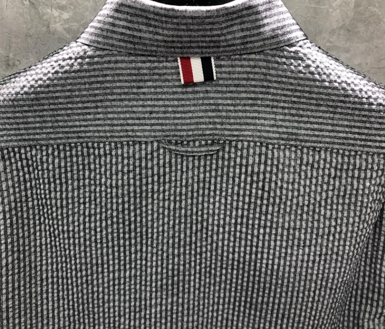 Men's Seersucker Oxford Shirt - Premium Cotton Button Front Dress Shirt by Thom Browne, shirt detail view