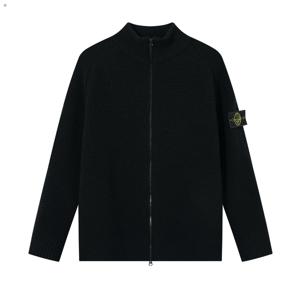 Stone Island Ribbed Mock-Neck Zip Knit Cardigan - Black front view