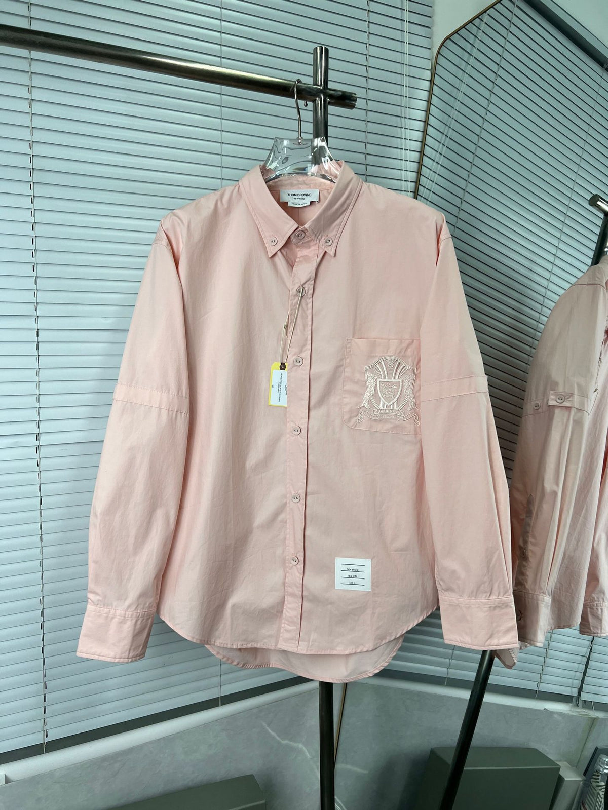 Pocket Crest Embroidered Oversized Poplin Shirt - Long Sleeve by Thom Browne, shirt detail view