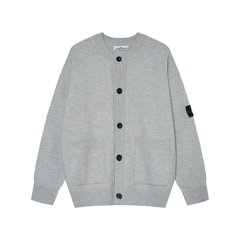 Stone Island Compass Badge Button-Front Knit Cardigan - Dark Gray front view