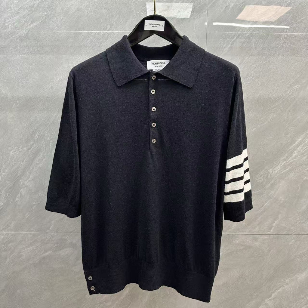 Four-Bar Polo Collar Short Sleeve Shirt by Thom Browne, product detail view