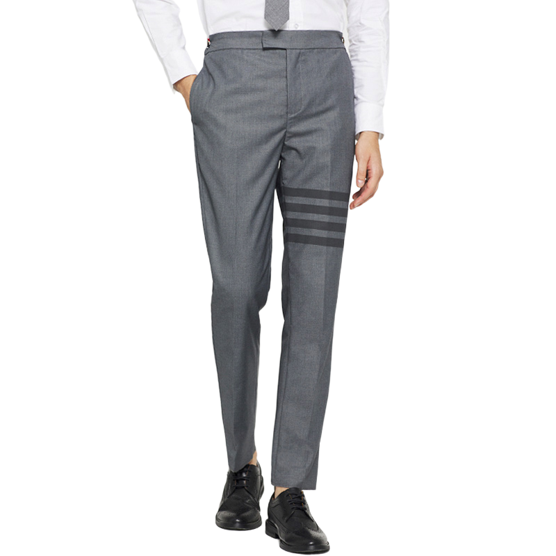 Thom Browne Style Men's Tailored Suit Pants with Signature Four-Bar Detail - Image 4