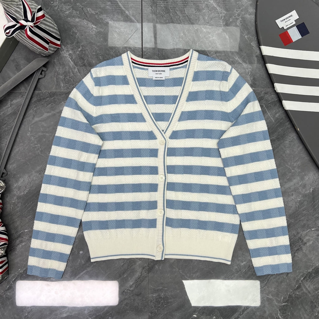 Thom Browne Style Striped V-Neck Button Cardigan