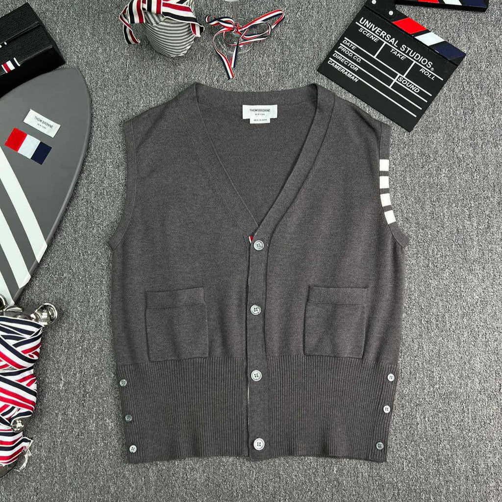 Thom Browne Style Four-Bar V-Neck Button Knit Vest