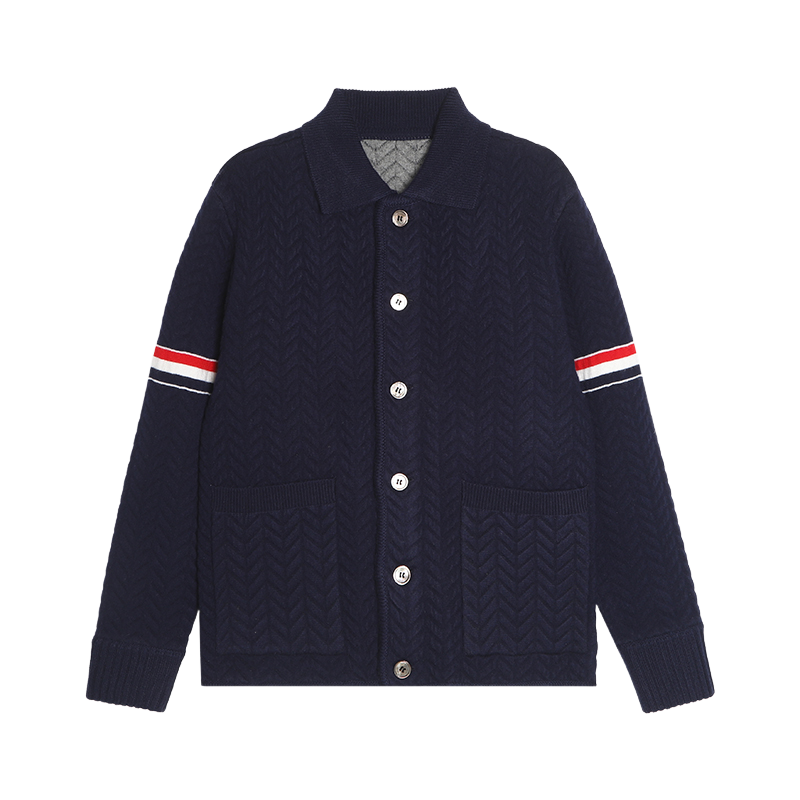 Unisex Herringbone Cardigan Jacket by Thom Browne, outerwear detail view