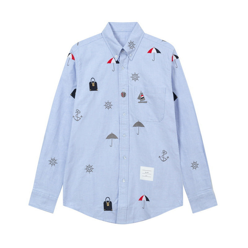 Men's Nautical Print Long-Sleeve Shirt — White & Blue by Thom Browne, shirt detail view