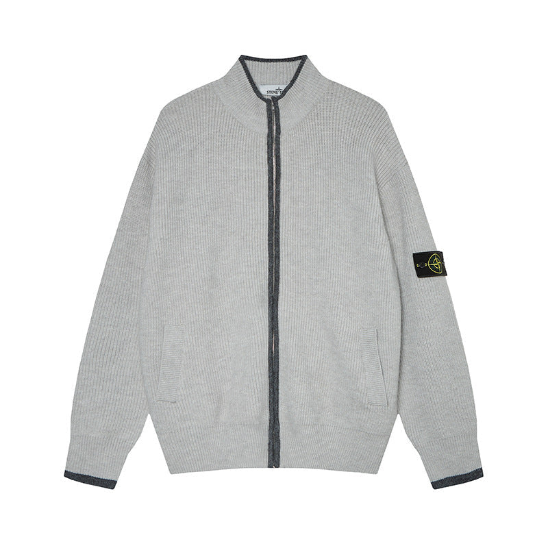Stone Island Compass Badge Mock-Neck Zip Knit Jacket - Gray front view