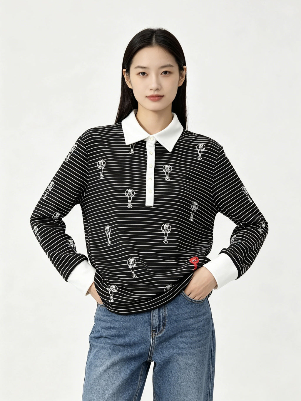Thom Browne Style Balloon-Embroidered Striped Long-Sleeve Polo