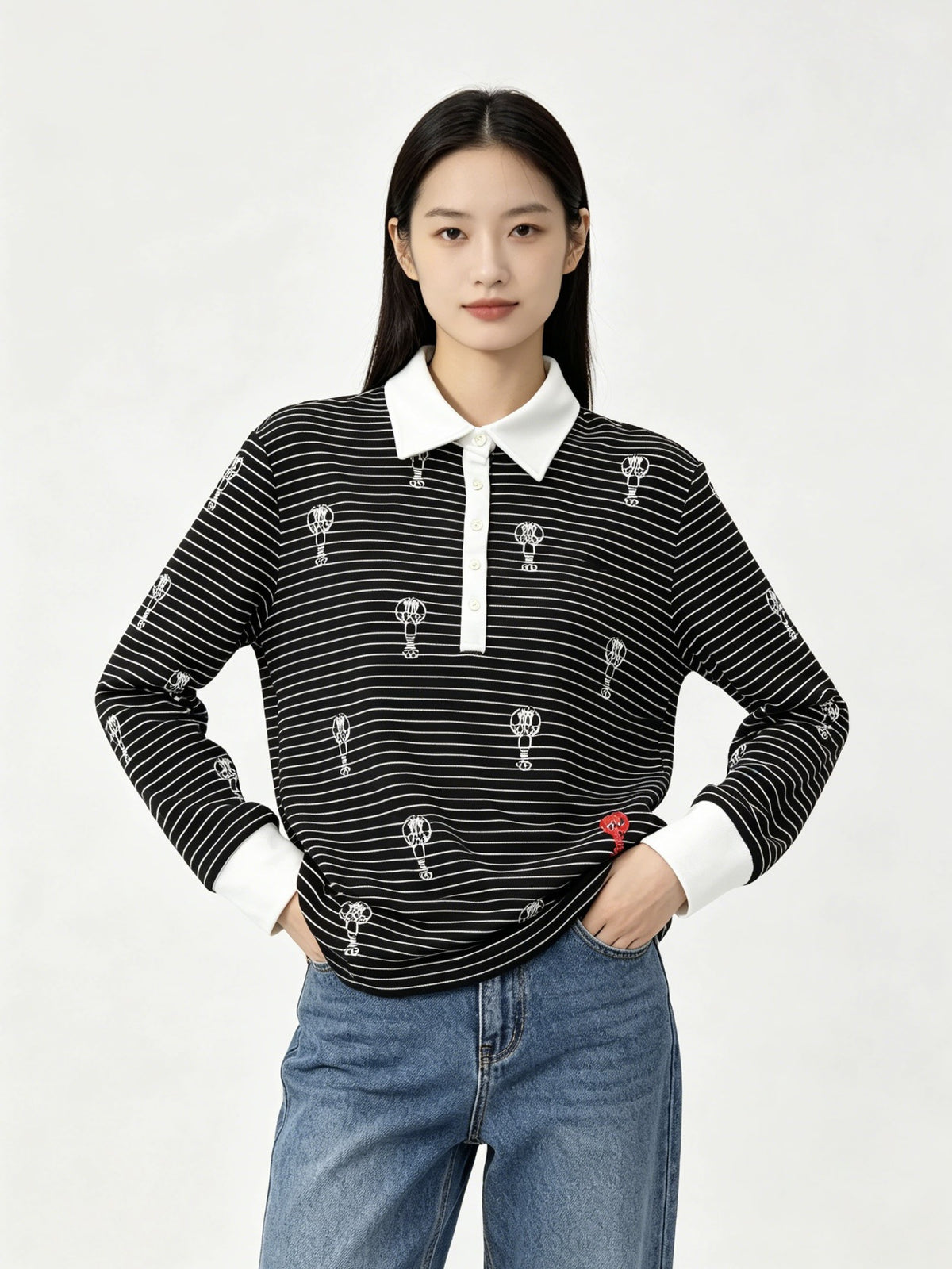 Thom Browne Style Balloon-Embroidered Striped Long-Sleeve Polo