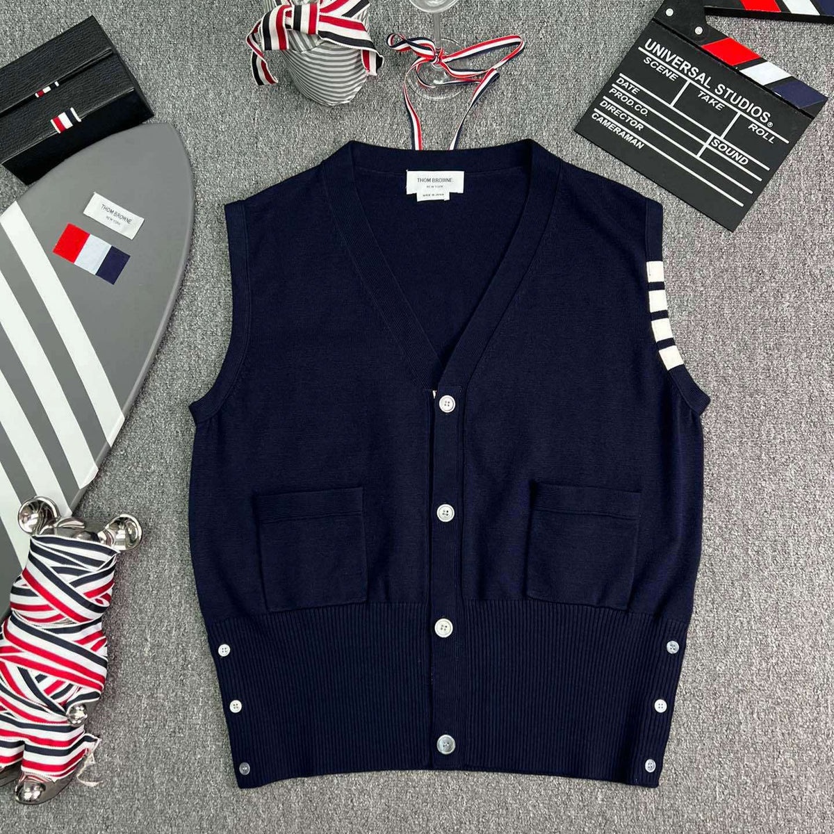 Thom Browne Style Four-Bar V-Neck Button Knit Vest