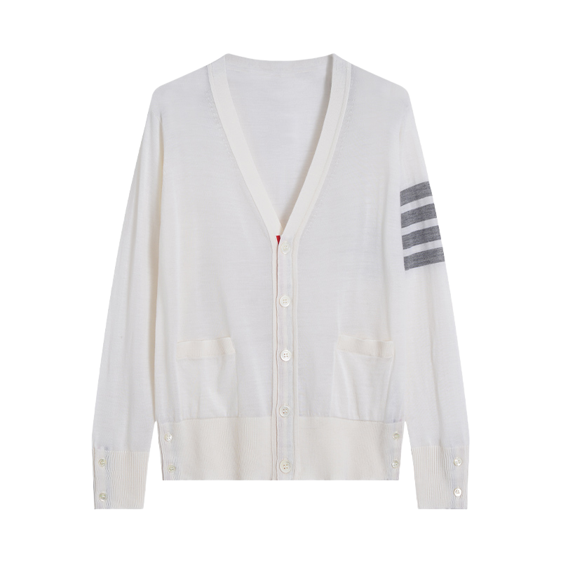 Unisex V-neck thin cardigan by Thom Browne, knitwear detail view
