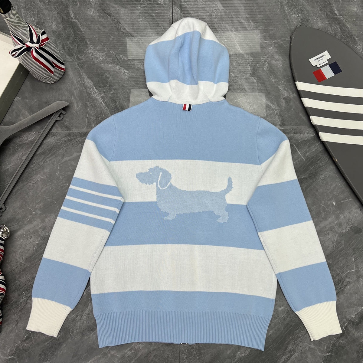 Thom Browne Style Striped Dog-Motif Zip-Up Knit Hoodie