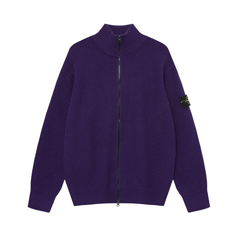 Stone Island Compass Badge Zip-Up Knit Cardigan - purple front view