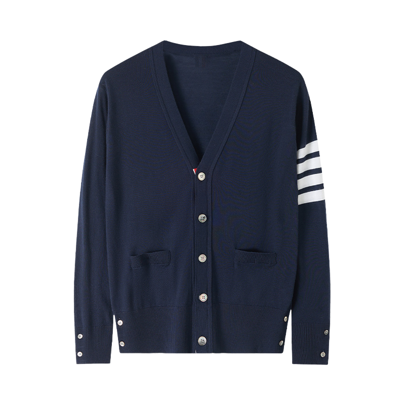 Unisex V-neck thin cardigan by Thom Browne, knitwear detail view