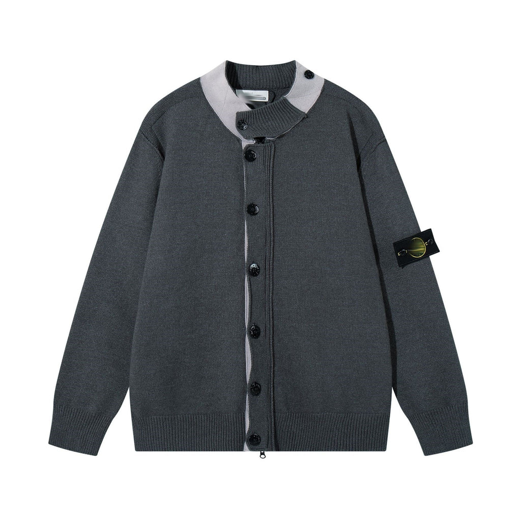 Stone Island Contrast-Collar Button Knit Cardigan - Dark Gray front view