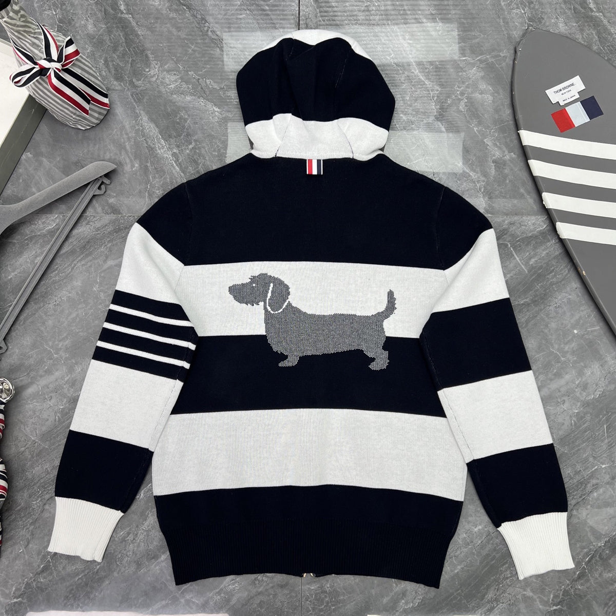 Thom Browne Style Striped Dog-Motif Zip-Up Knit Hoodie
