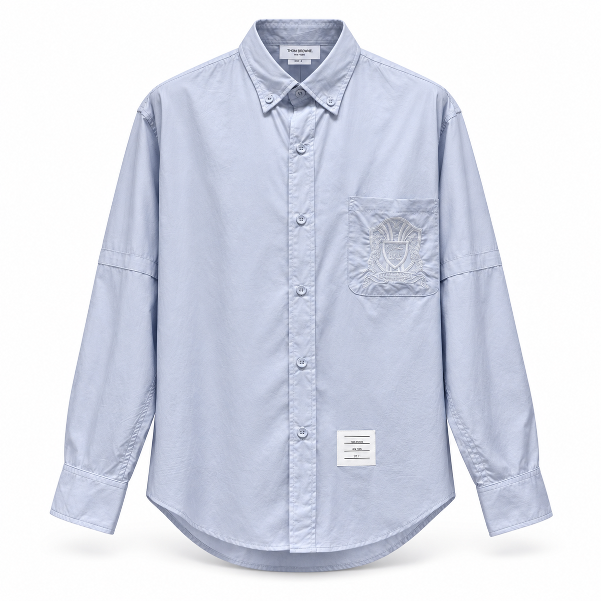 Pocket Crest Embroidered Oversized Poplin Shirt - Long Sleeve by Thom Browne, shirt detail view