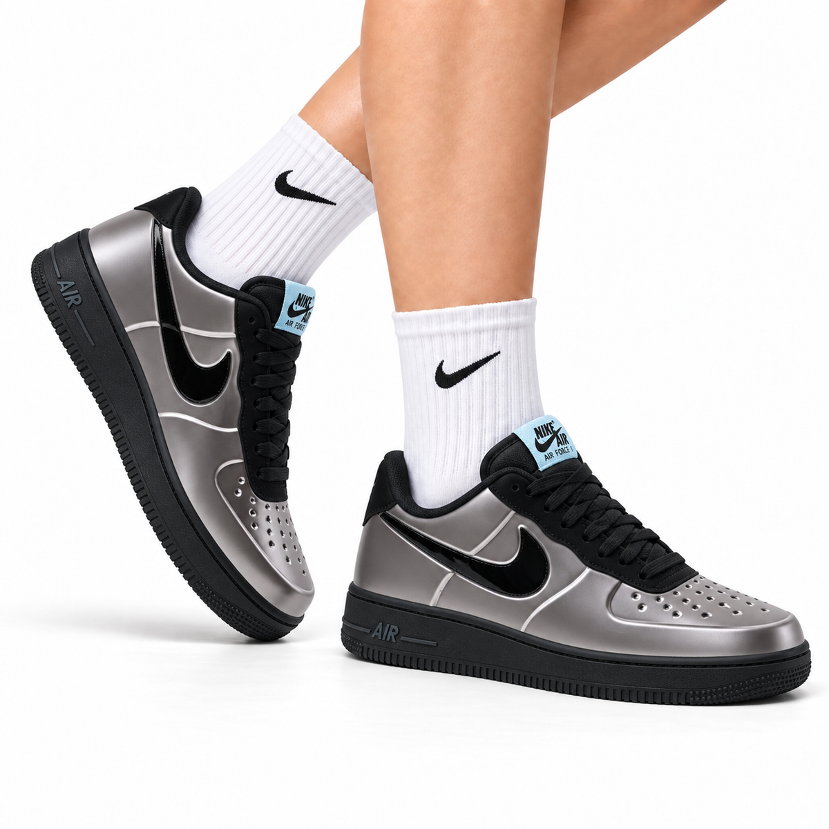 Nike Air Force 1 Low Black Silver Metallic Unisex Sneakers Style 04 main angled pair with shoebox
