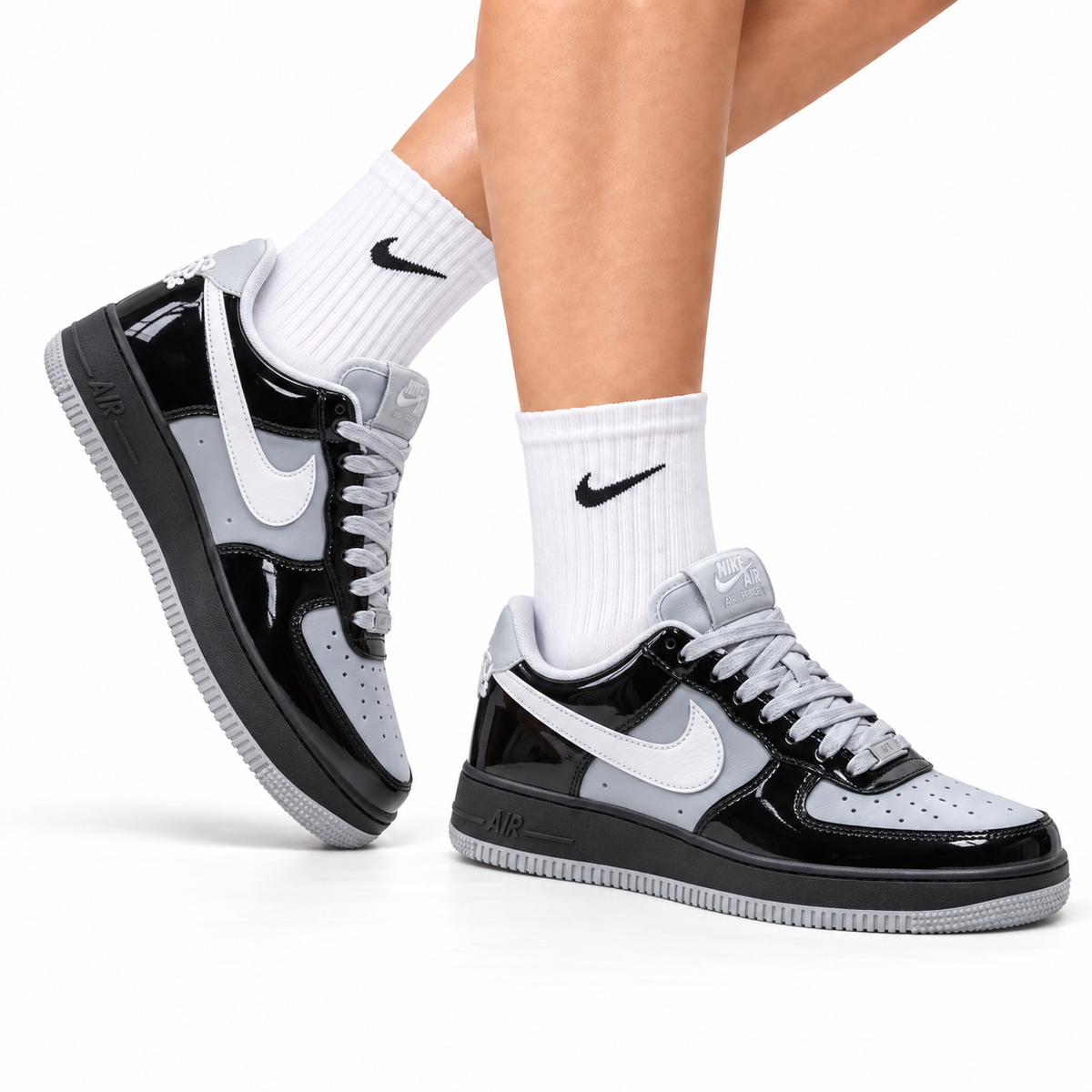 Nike Air Force 1 Low Black White Gray Unisex Sneakers Style 25 main angled pair with shoebox