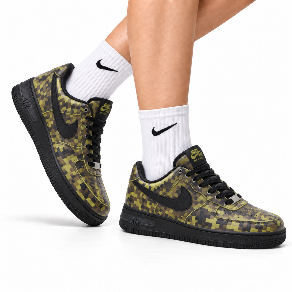 Nike Air Force 1 Low Black Yellow Monogram Unisex Sneakers Style 03 main angled pair with shoebox