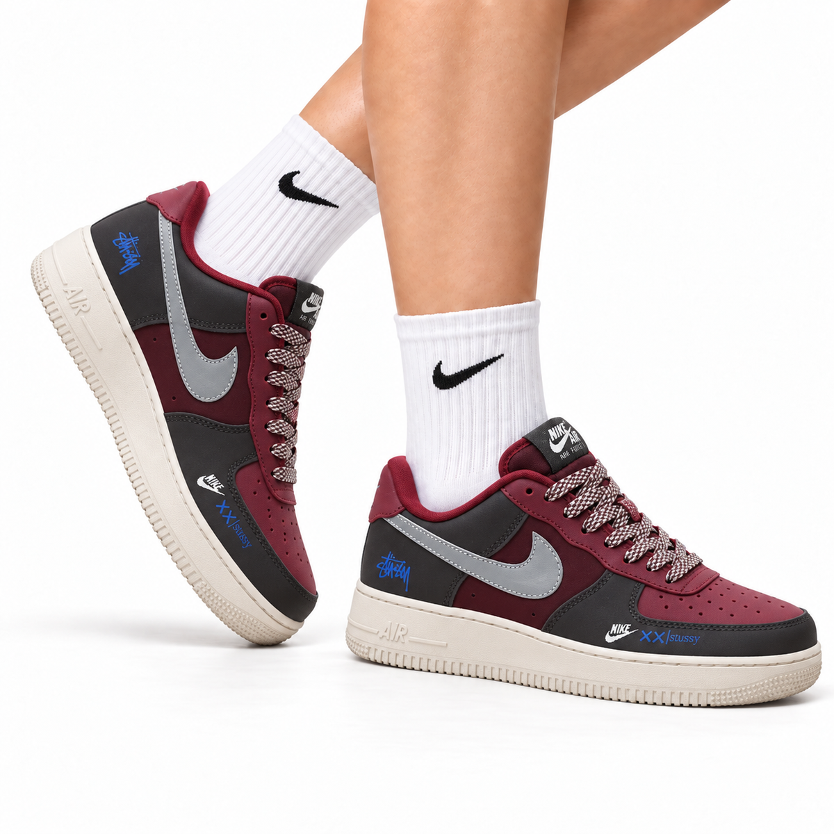 Nike Air Force 1 Low Burgundy Silver Unisex Sneakers Style 09 main angled pair with shoebox
