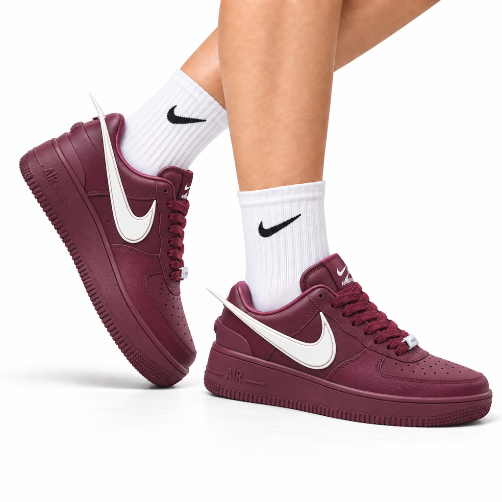 Nike Air Force 1 Low Burgundy White Unisex Sneakers Style 11 main angled pair with shoebox