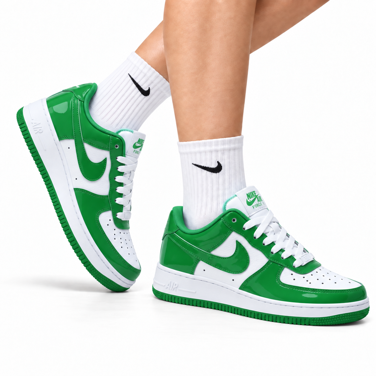 Nike Air Force 1 Low Green White Unisex Sneakers Style 22 main angled pair with shoebox