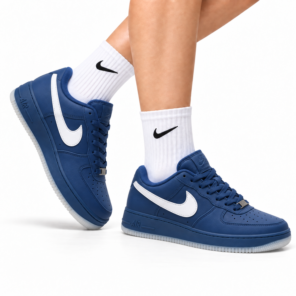 Nike Air Force 1 Low Navy Blue White Unisex Sneakers Style 01 main angled pair with shoebox