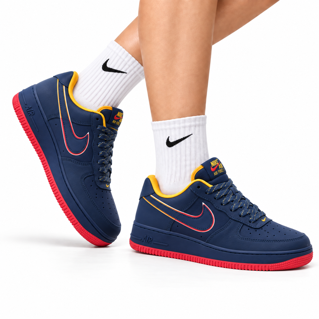 Nike Air Force 1 Low Navy Orange Red Unisex Sneakers Style 21 main angled pair with shoebox