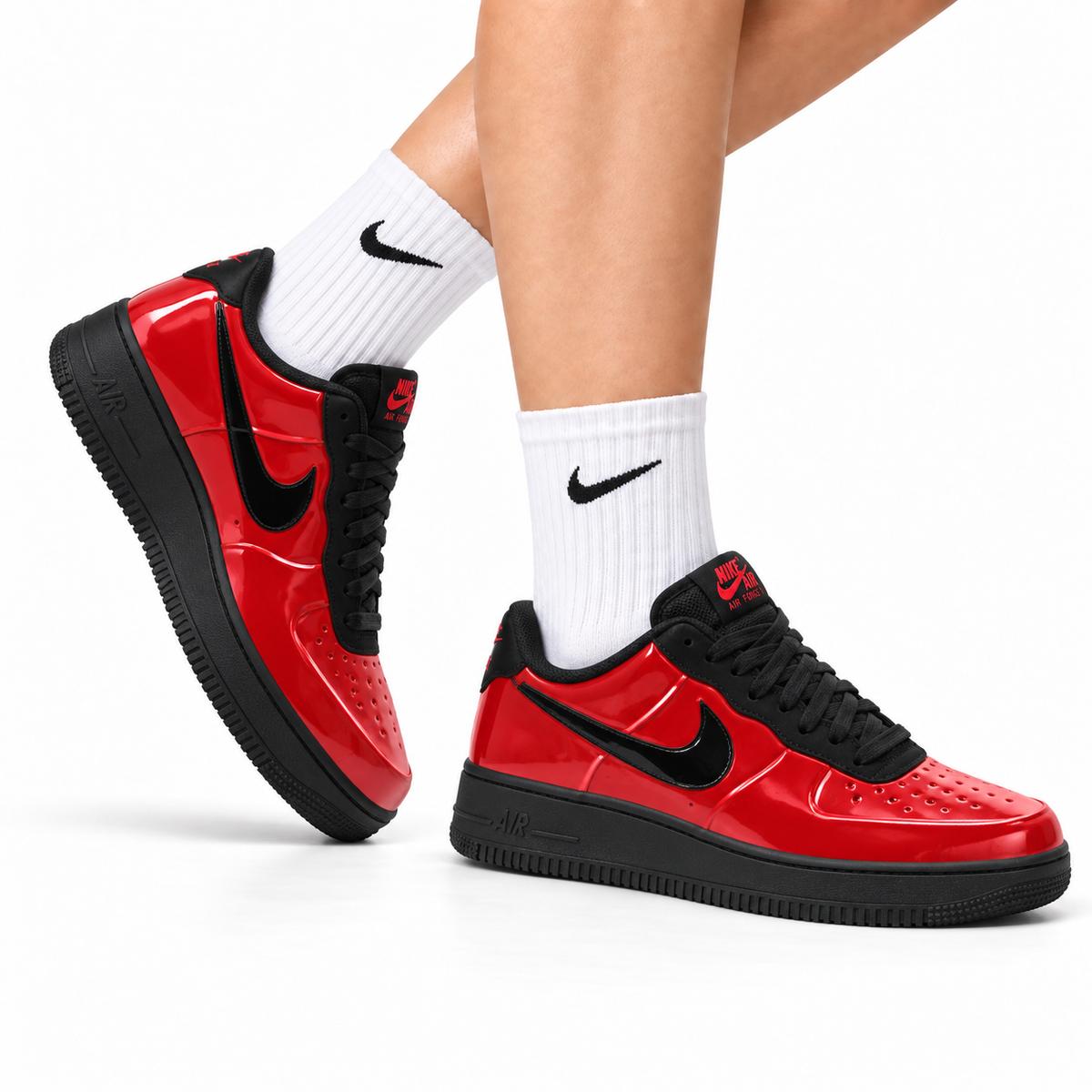 Nike Air Force 1 Low Red Black Unisex Sneakers Style 20 main angled pair with shoebox