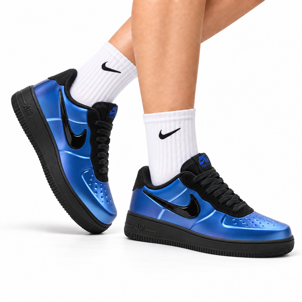 Nike Air Force 1 Low Royal Blue Black Unisex Sneakers Style 08 main angled pair with shoebox